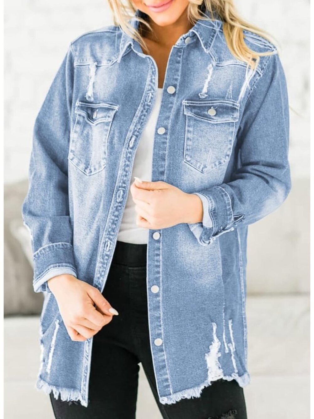 Women’s Sky Blue Oversized Distressed Boyfriend Button Down Jean Denim Jacket - Picture 2 of 3
